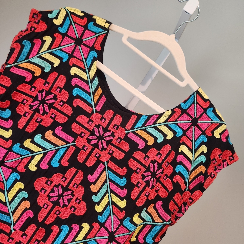 J.Marie Embroidered Shift Dress Vacation Resortwear Bright Mexico Geometric Sz S - Picture 4 of 12